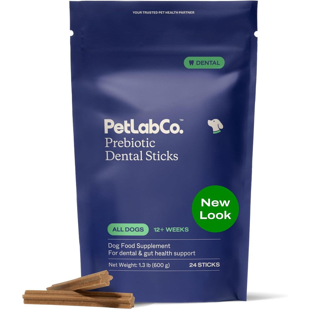 PetLab Co. Prebiotic Dental Sticks For Dogs Tartar And Plaque Remover Premium USA Imported Breath Freshening Gut Health Daily Chews 24 Sticks