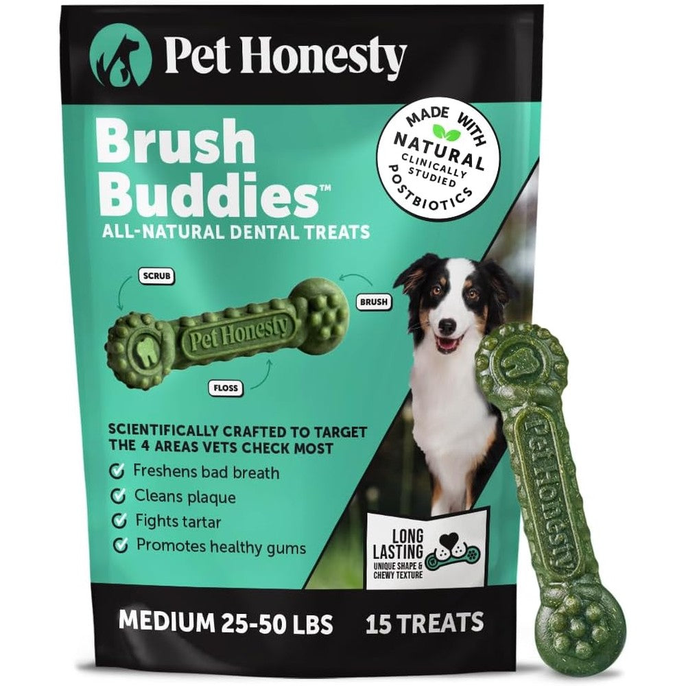 Pet Honesty Brush Buddies Long Lasting Dog Dental Chews All Natural Teeth Cleaning Sticks For Plaque And Tartar Remover Medium Sized Dogs 15 Count