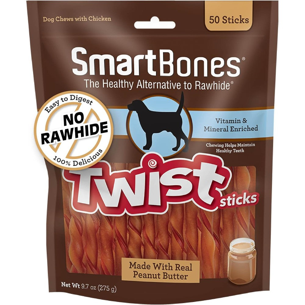 SmartBones Smart Twist Sticks With Peanut Butter Rawhide Free Chews For Dogs 50 Count