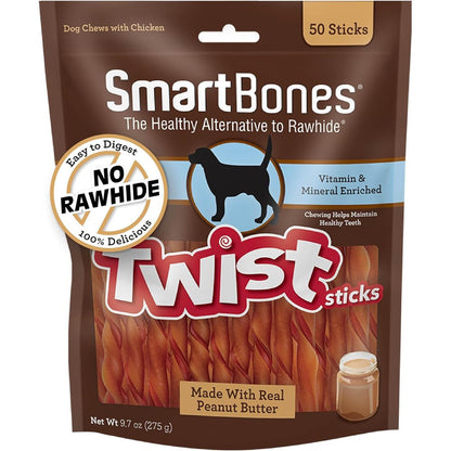 SmartBones Smart Twist Sticks With Peanut Butter Rawhide Free Chews For Dogs 50 Count