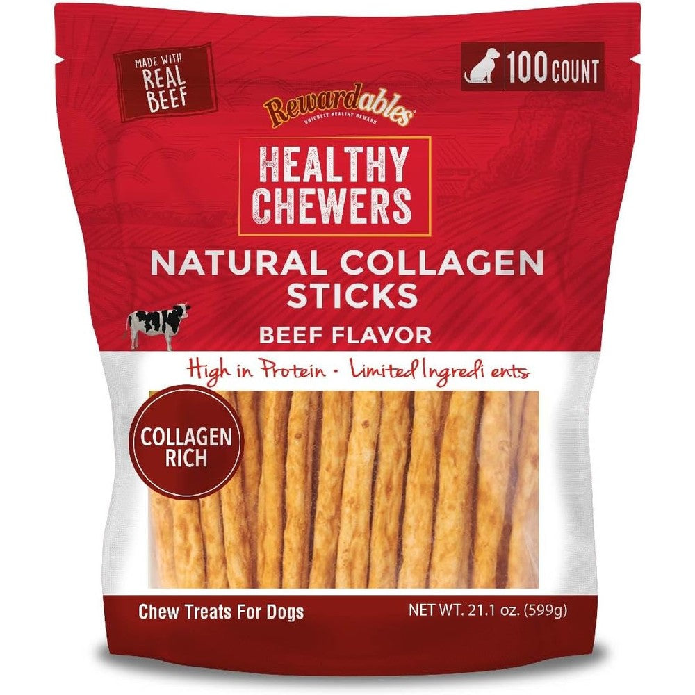 Rewardables Healthy Chewers Natural Collagen And Beef Sticks For Dogs, High Protein Limited Ingredient Dog Chews, 100 Count, 599 Grams