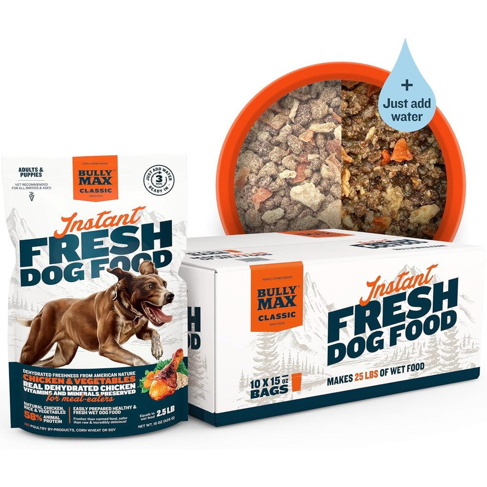 Bully Max Instant Fresh Nutrient Rich Dehydrated Raw Dog Food With Natural Chicken Recipe 10 Bags 15 Ounces Each Makes 25 Pounds Of Fresh Food