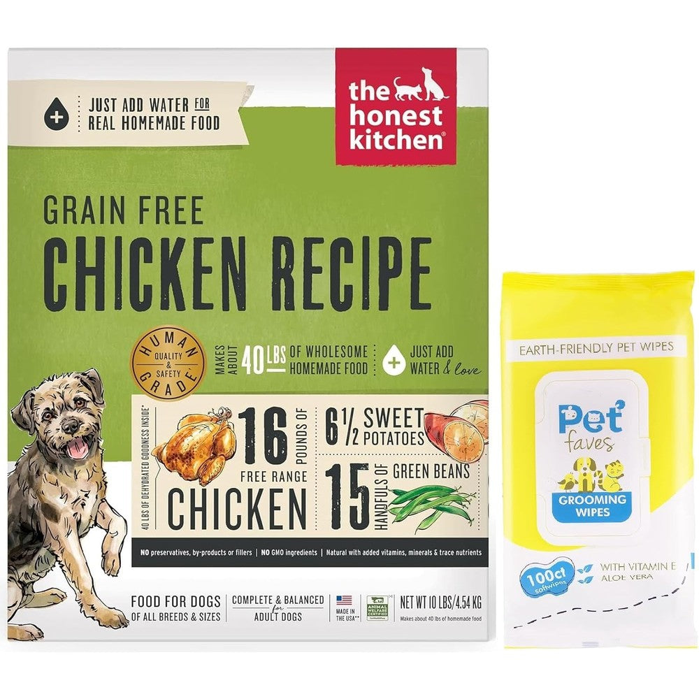 The Honest Kitchen Human Grade Dehydrated Grain Free Chicken Dog Food 10 Pound Box Makes 40 Pounds With 100 Pet Wipes