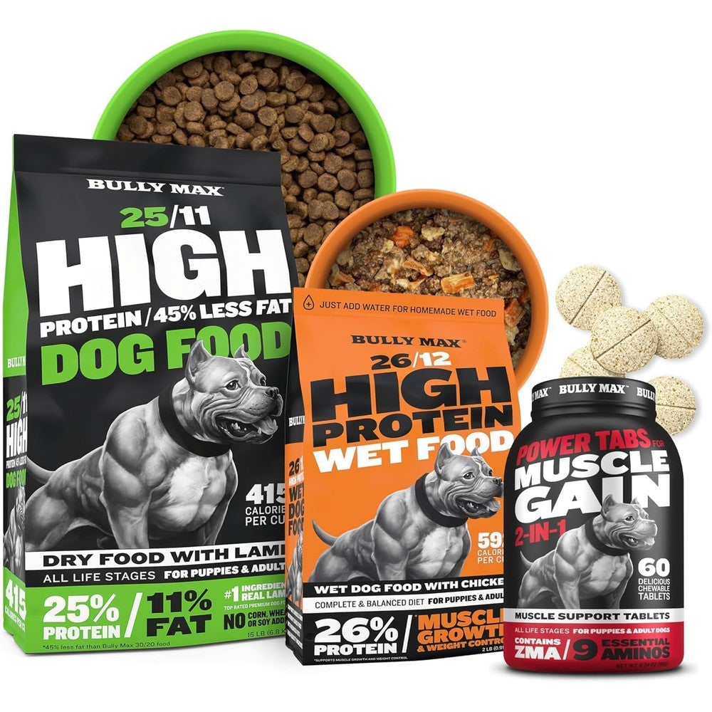 Bully Max High Protein Low Fat Dry Lamb Dog Food 15 Pound Bag With Dehydrated Wet Food And Muscle Builder Tabs For Puppies And Adult Dogs