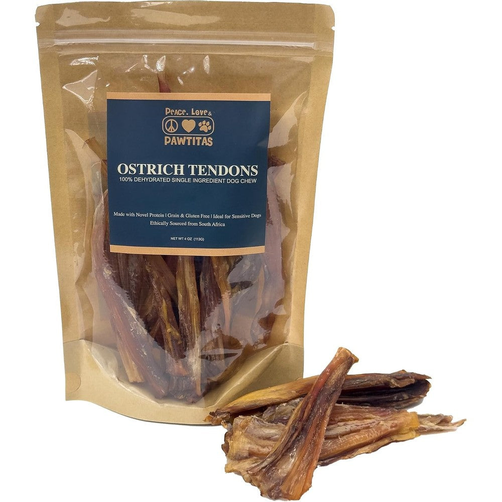 Pawtitas Ostrich Tendon Strips 100 Percent Single Ingredient Dehydrated Dog Chews Sensitive Stomach Support 4 Ounce Bag