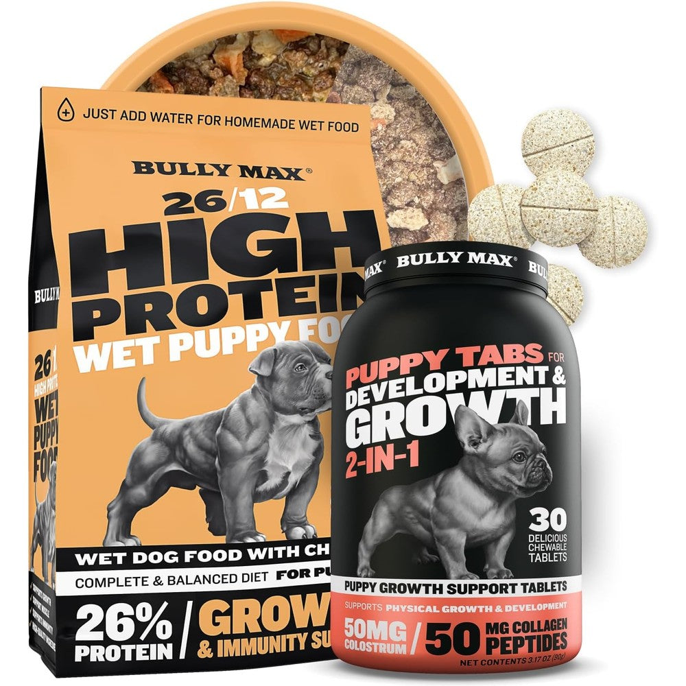 Bully Max Puppy Growth Bundle High Protein Dehydrated Wet Food And Vitamin Chewable Tablets For Small And Large Breed Puppies