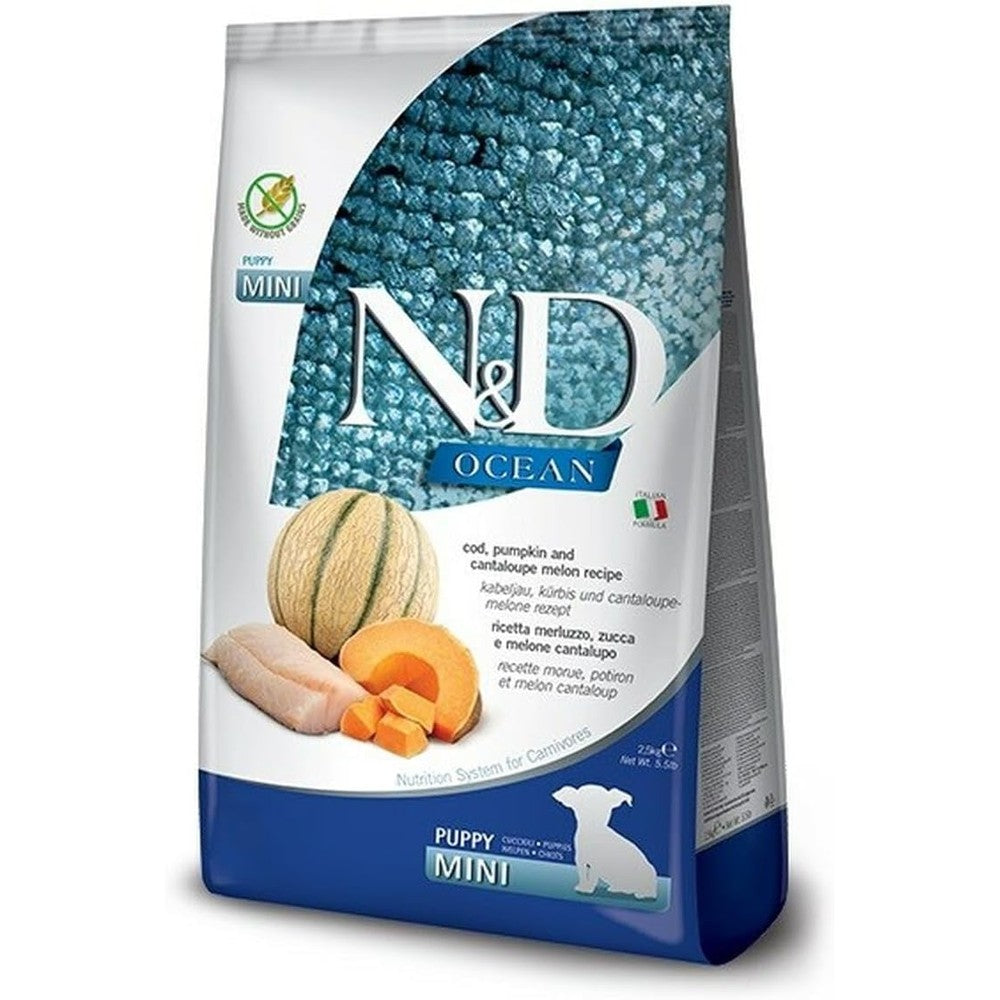 Farmina N&D Ocean Puppy Mini Dry Dog Food With Cod, Pumpkin, And Cantaloupe Melon Grain Free Formula For Small Breeds 2.5 Kilograms