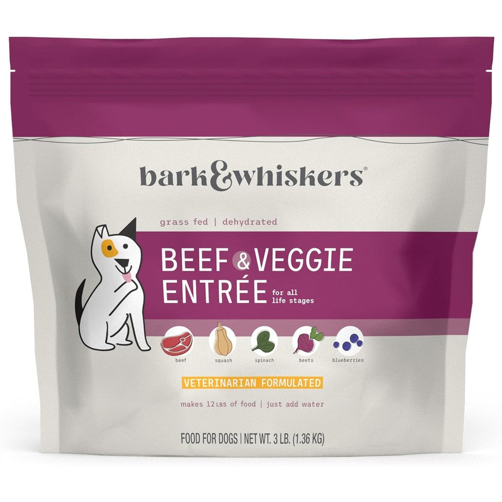 Bark And Whiskers Dehydrated Beef And Veggie Entree For Dogs, 3 Pound Bag, Makes 12 Pounds Of Food, Veterinarian Formulated