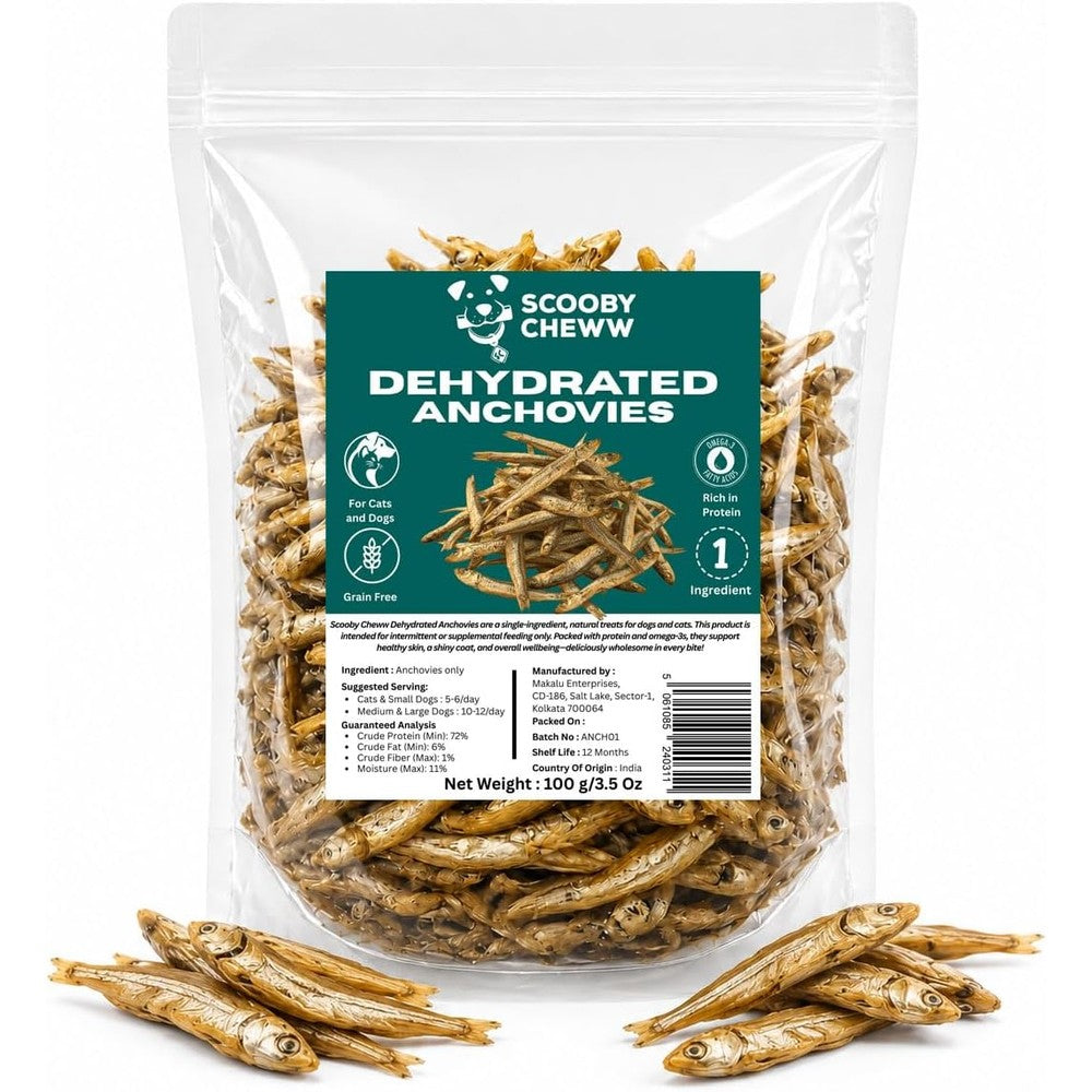 Scooby Cheww Dehydrated Anchovies Fish Treats For Dogs And Cats 100 Grams 3.5 Ounces Natural High Protein Omega 3 Grain Free Pet Snack