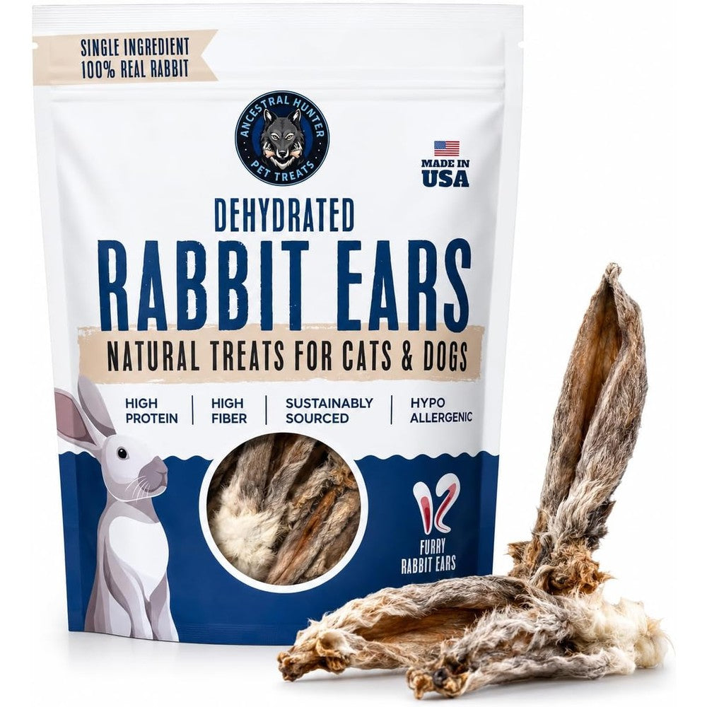 Ancestral Hunter Dehydrated Rabbit Ears For Dogs And Cats Single Ingredient USA Sourced Natural Chews 12 Count