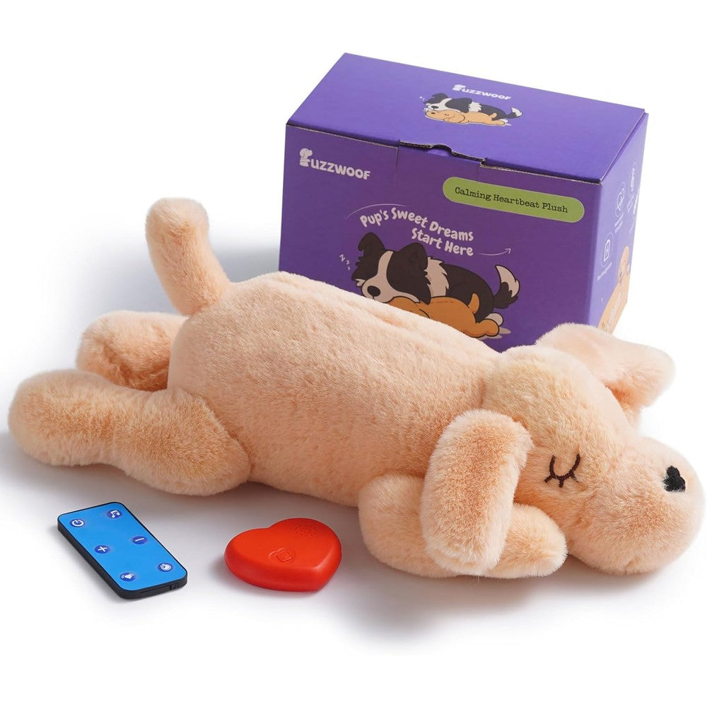 Fuzzwoof Remote Controlled Heartbeat Dog Toy For Anxiety Relief And Puppy Sleep Aid With 8 Soothing Sounds And Rechargeable Battery