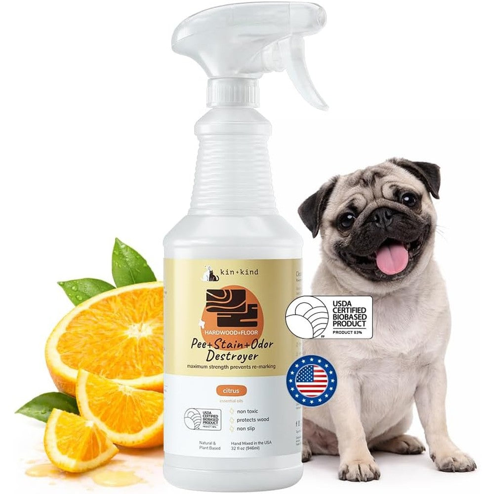 Kin And Kind Pet Urine Cleaner And Hardwood Floor Stain And Odor Remover Spray Helps Stop Remarking Citrus Variant Thirty Two Fluid Ounces