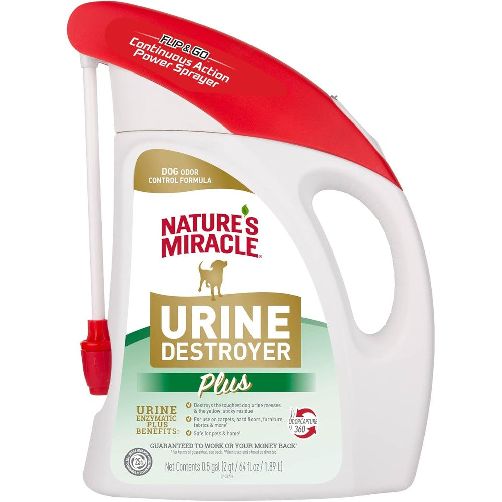 Nature's Miracle Urine Destroyer Plus For Dogs With Flip And Go Sprayer Enzymatic Formula Stain And Odor Remover Sixty Four Ounces