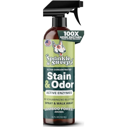 Sprinkle & Sweep Pet Stain And Odor Enzyme Spray Concentrated No Scrub Formula For Dog And Cat Urine Destroyer 24 Fluid Ounces