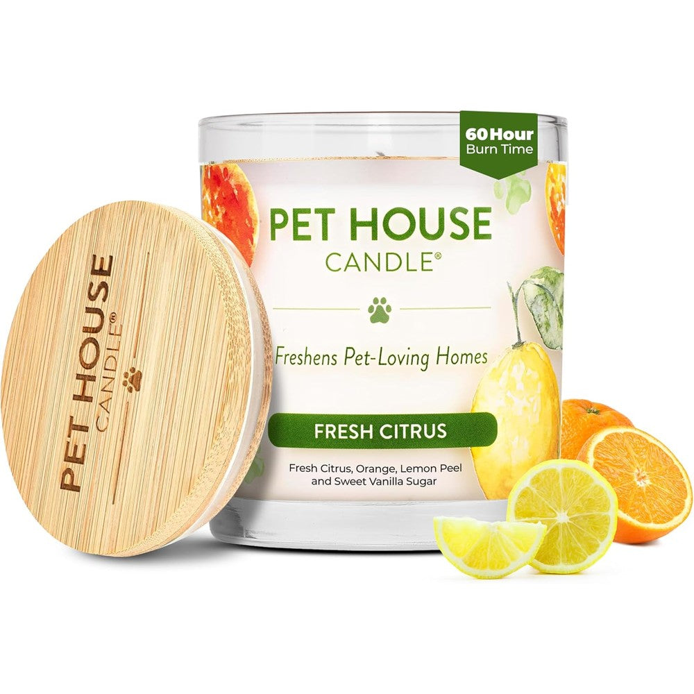One Fur All Pet House Pet Odor Eliminator Candle Plant Based Natural Soy Wax Clean Burning Scented Jar Candle Fresh Citrus Scent Nine Ounce