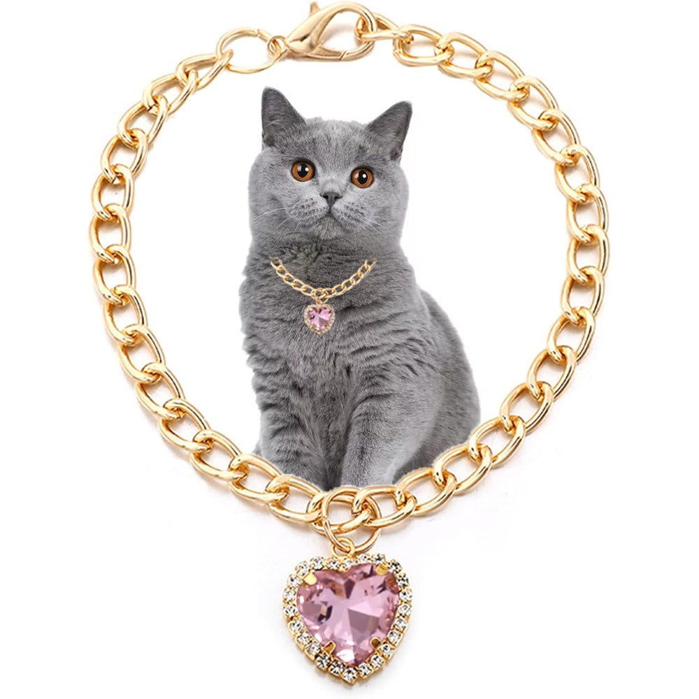 SOGAYU Cat Necklace Collar With Pink Heart Rhinestone Pendant Lightweight Adjustable Metal Chain Pet Costume Jewelry For Kittens And Puppy One Count