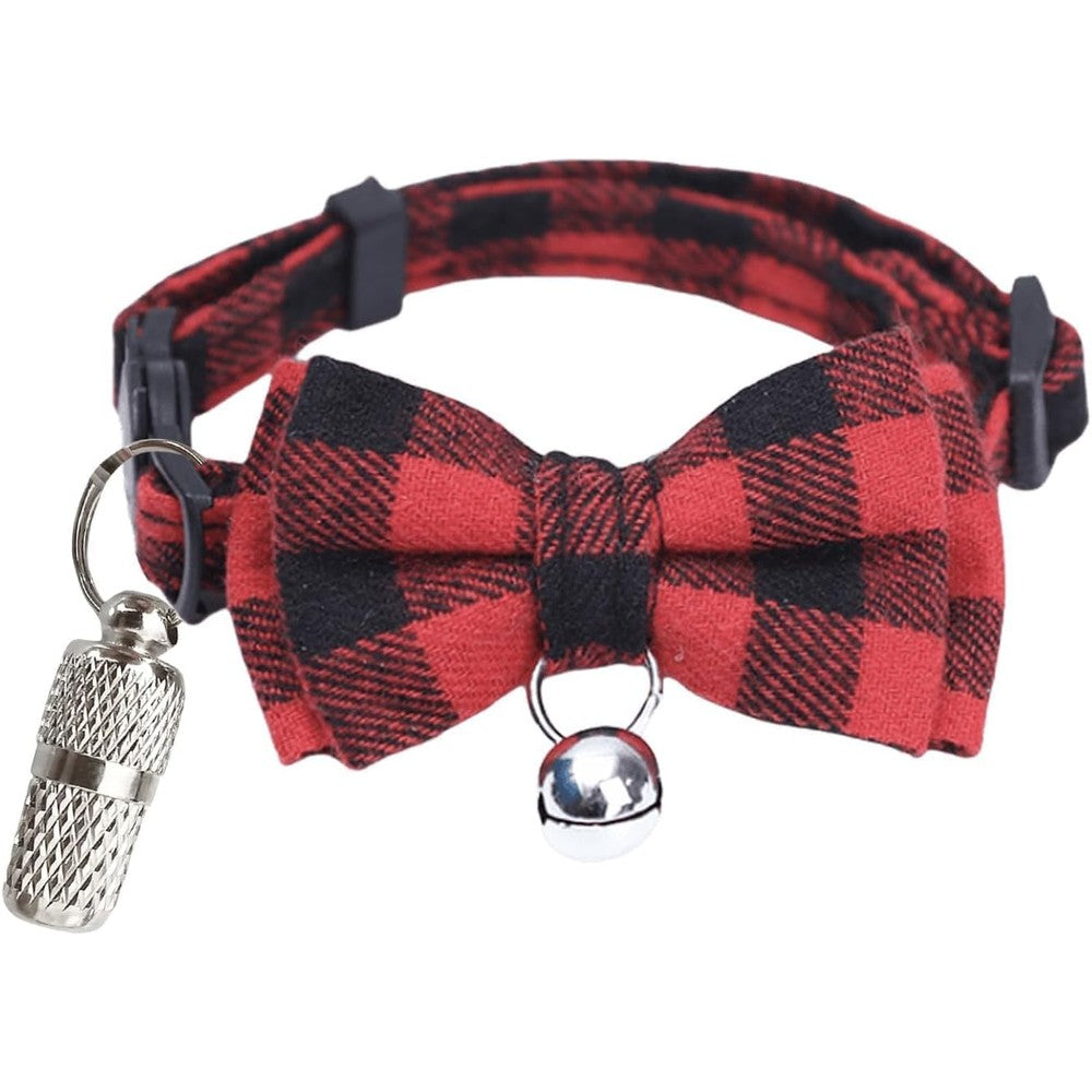 LJFEA Pet Butterfly Bow Tie Red Black Plaid Collar With Breakaway Buckle And Anti Loss Small Pendant For Cats And Kittens 1 Piece
