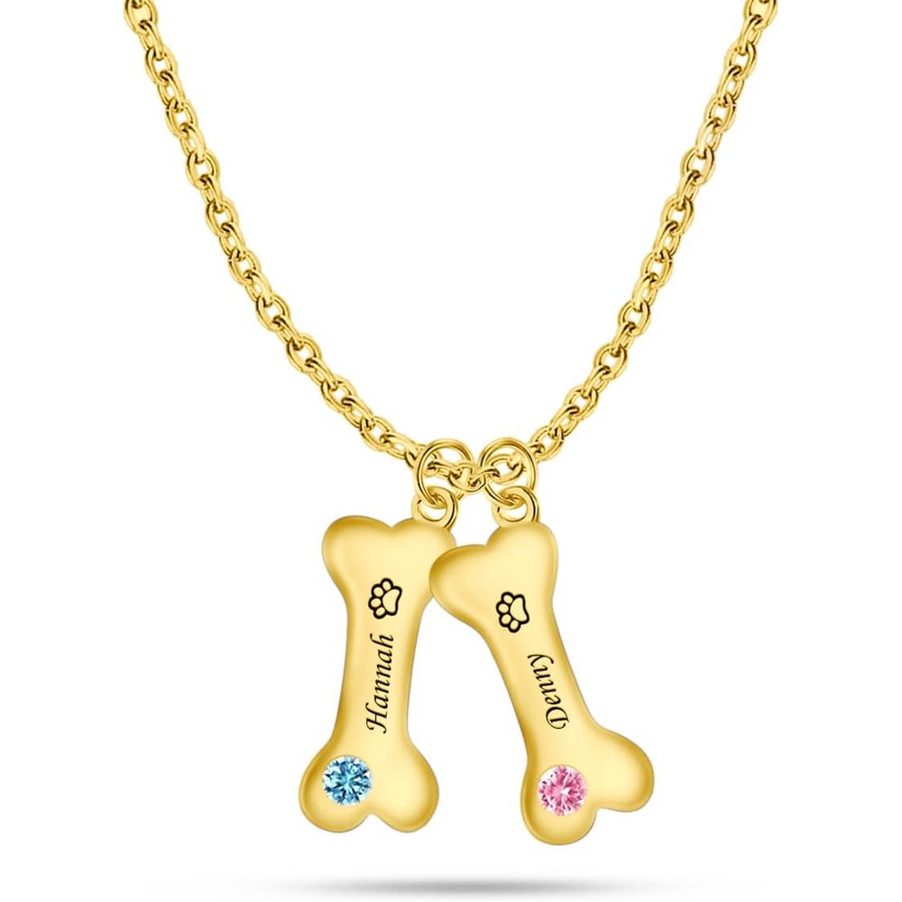 YUYOO Custom Bone Necklace Engraved One To Five Names Personalized Dog Pendant With Paw Print Birthstone In Sterling Silver