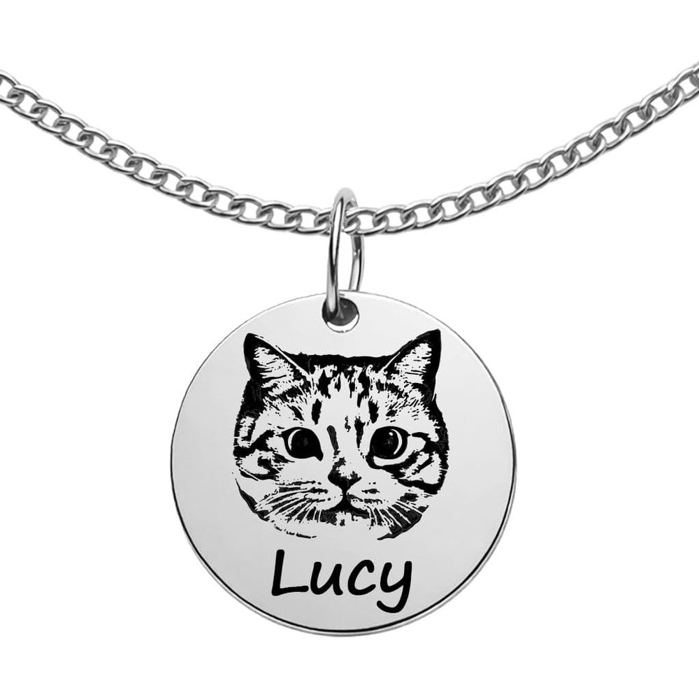 MignonandMignon Custom Pet Portrait Necklace With Photo And Name Engraved Round Disc Pendant In Nine Two Five Sterling Silver