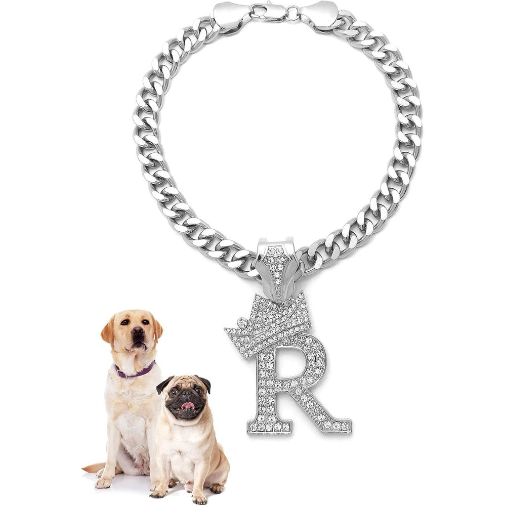 Icemond Rhinestone Studded Initial Letter R Pendant Eighteen Inch Cuban Chain Fashion Costume Jewelry Necklace For Dogs And Cats In Rhodium Tone
