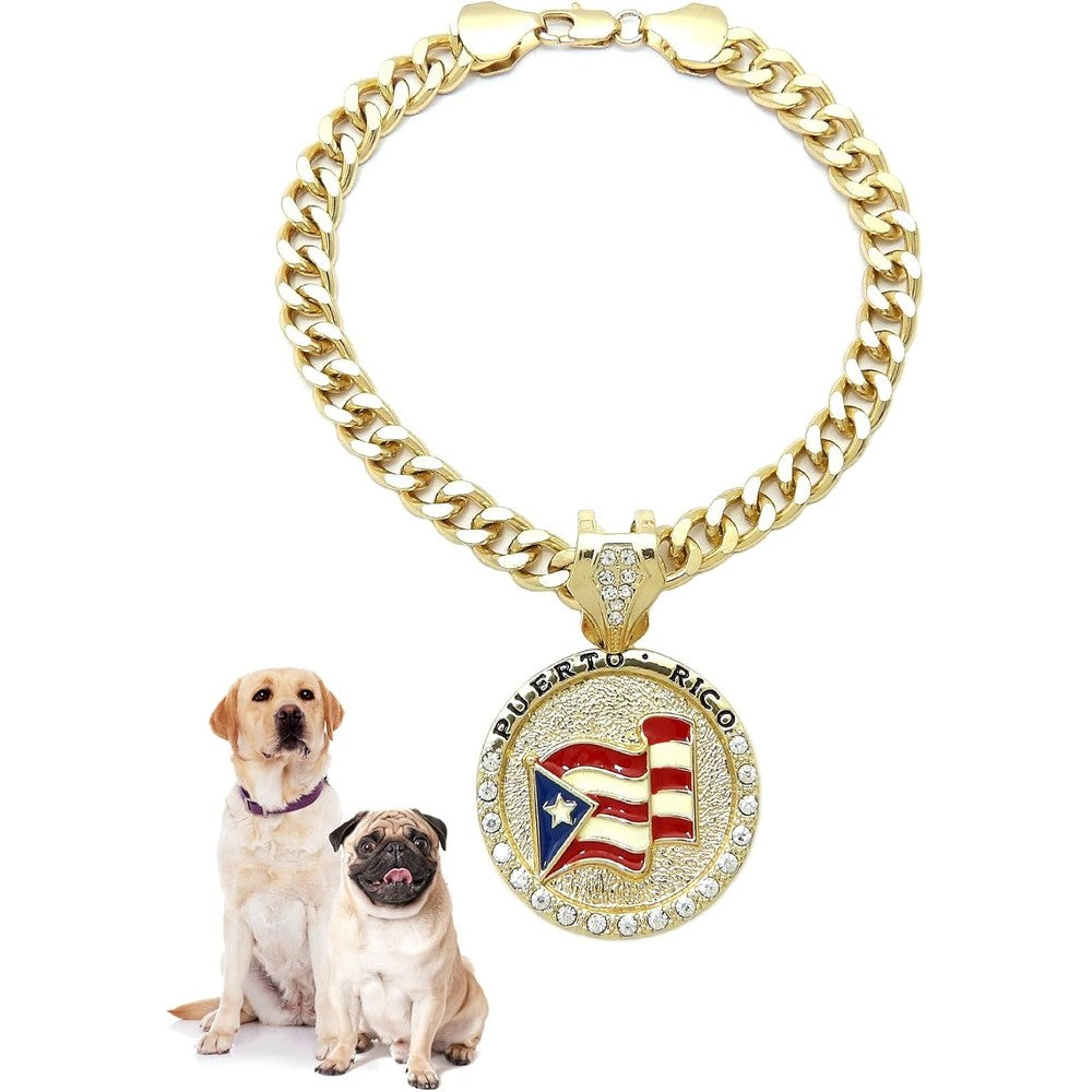 Icemond Rhinestone Studded Puerto Rico Flag Medallion Pendant 26 Inch Cuban Chain Fashion Costume Jewelry Necklace For Large Dogs Gold Tone