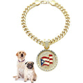 Icemond Rhinestone Studded Puerto Rico Flag Medallion Pendant 26 Inch Cuban Chain Fashion Costume Jewelry Necklace For Large Dogs Gold Tone