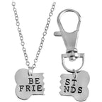 Meiligo Fashion 2 Pieces Couples Alloy Dog Bone Necklace And Key Chain Best Friends Puzzle Pendant Matching Set Silver Color Two
