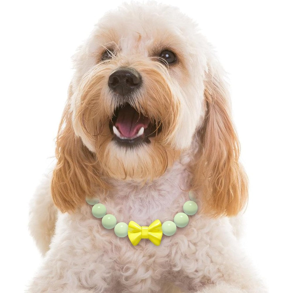 RUSE Handmade Beaded Glow In The Dark Dog Collar Necklace With Bow Tie Adjustable Safety Night Walking Belt For Small Medium Large Dogs Green