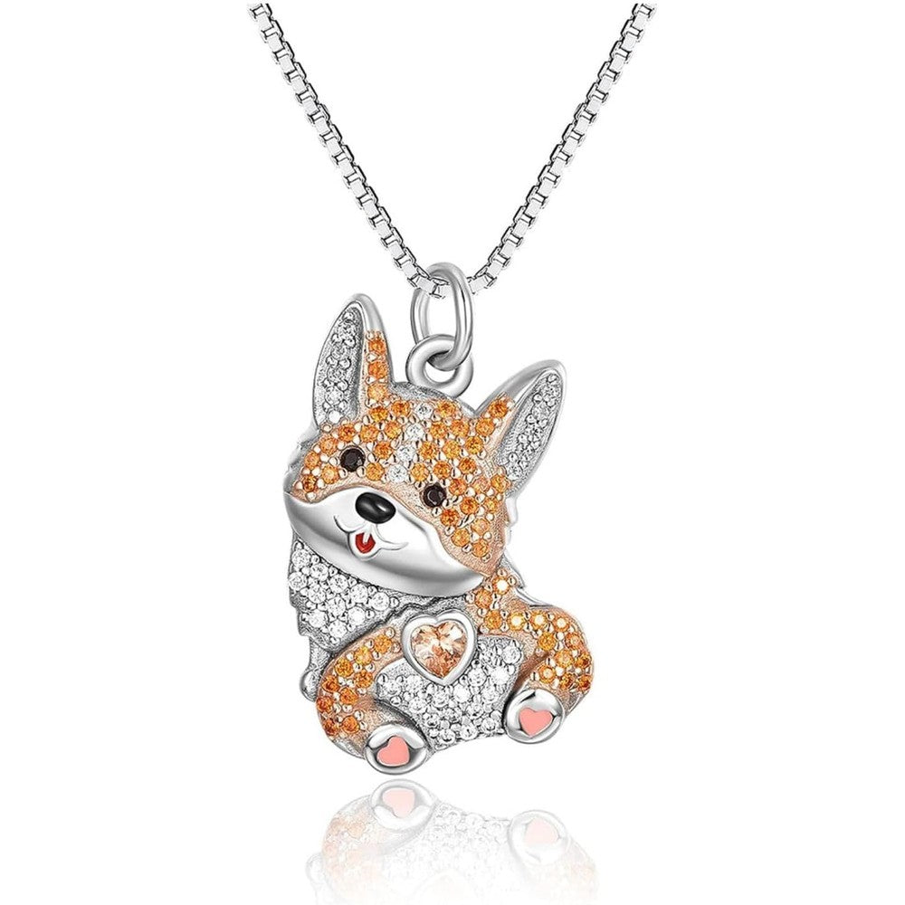 OSCCI Crystal Corgi Heart Necklace For Women Cute Cartoon Dog Pendant Jewelry For Pet Lovers With Hypoallergenic Nineteen Inch Chain