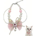Famthrob Elegant Pearl Necklace With Pink Crystal Bow Decorative Pet Jewelry Accessories For Small Dogs And Cats Adjustable Neck Collar