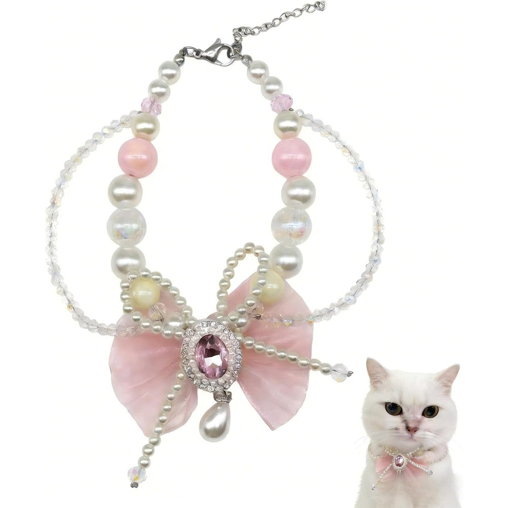 Famthrob Elegant Pearl Necklace With Pink Crystal Bow Decorative Pet Jewelry Accessories For Small Dogs And Cats Adjustable Neck Collar