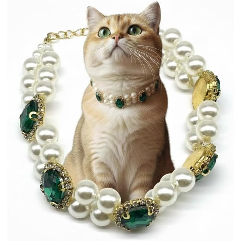 Hotlion Elegant Pearl Pet Necklace With Emerald Crystal Pendant Adjustable Chain Jewelry Collar For Small Dogs And Cats White Size Small