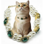 Hotlion Elegant Pearl Pet Necklace With Emerald Crystal Pendant Adjustable Chain Jewelry Collar For Small Dogs And Cats White Size Small