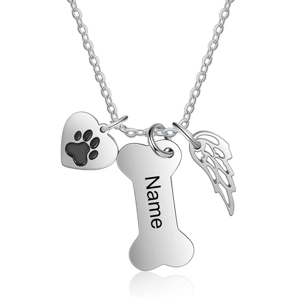 JewelOra ALBERTBAND Dog Necklace for Women Personalized Dog Paw Charm Pendant Necklace Custom Name Dog Bone Memorial Necklace Silver