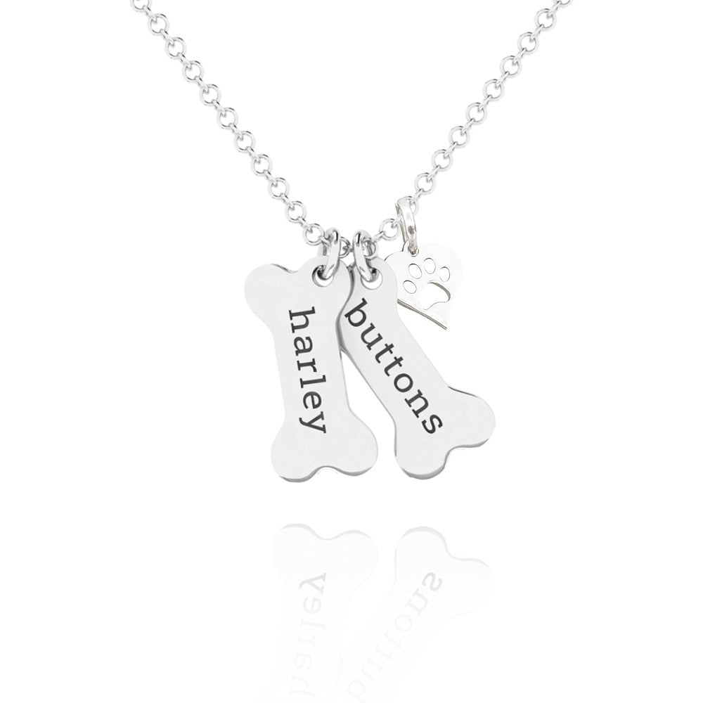 Gracefully Made Jewelry Custom Dog Bone Memorial Necklace With 925 Sterling Silver Paw Print Charm And Personalized Name Engraving For Pet Lovers