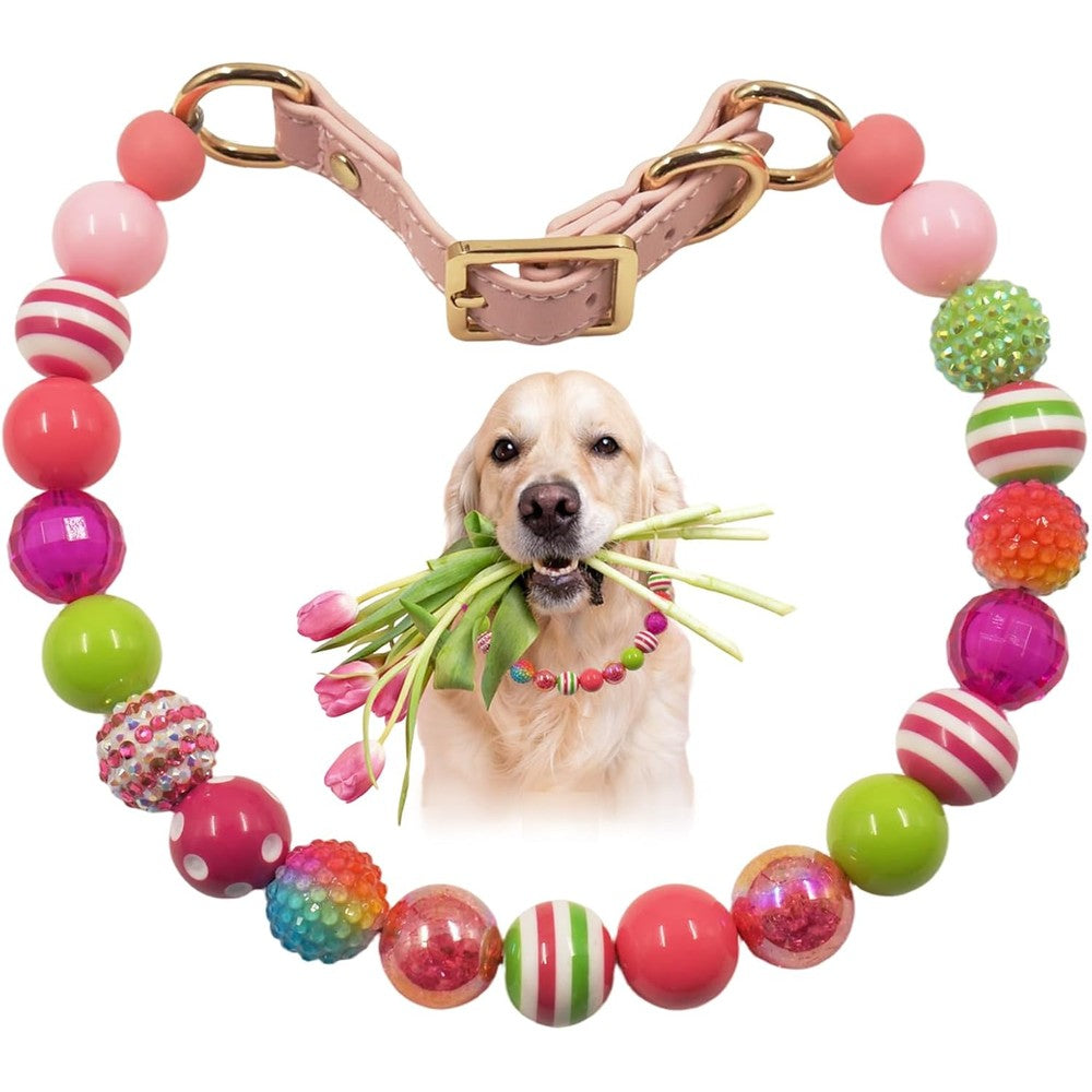 PGEOIDT Beaded Dog Necklace Collar With 20 Millimeter Colorful Pink Acrylic Beads And Adjustable Heavy Duty Belt Buckle For Medium Large Pets