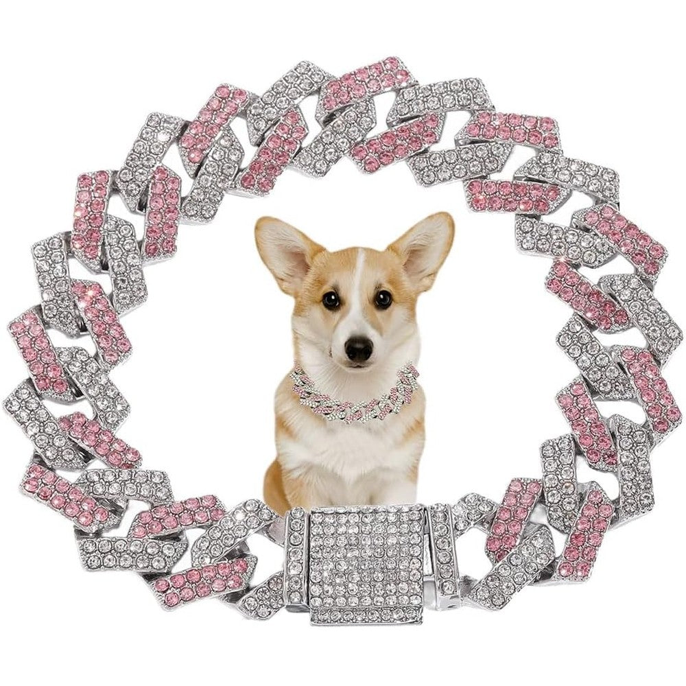 HimyBB Pink Rhinestone Dog Chain Collar Bling Diamond Cuban Link Pet Necklace Luxury Glitter Jewelry For Small Dogs And Cats 8 Inches