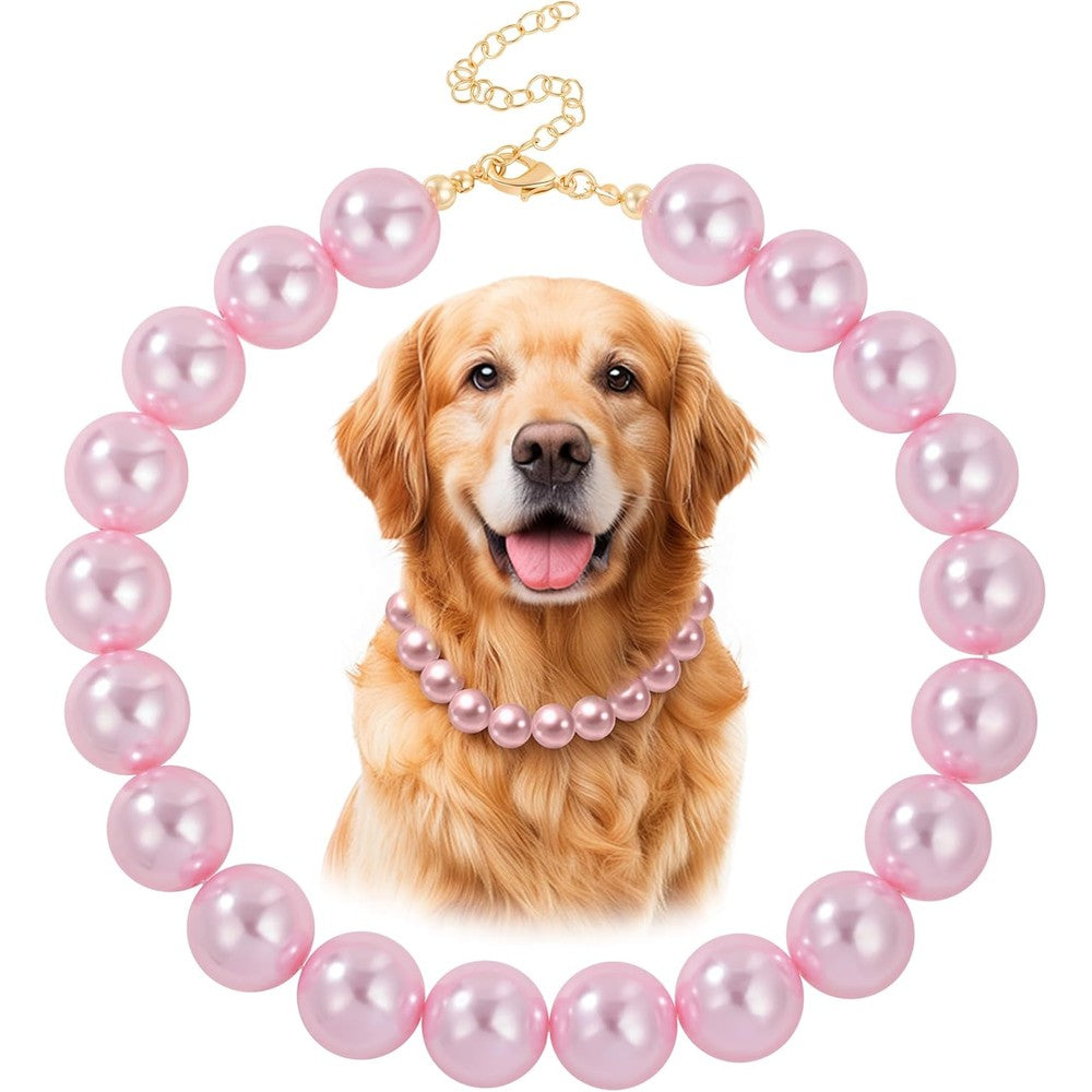 KYNOX Chunky Pearl Dog Necklace Elegant Adjustable Beaded Pet Jewelry Fashion Accessory For Medium And Large Breeds Pink 16 Inch