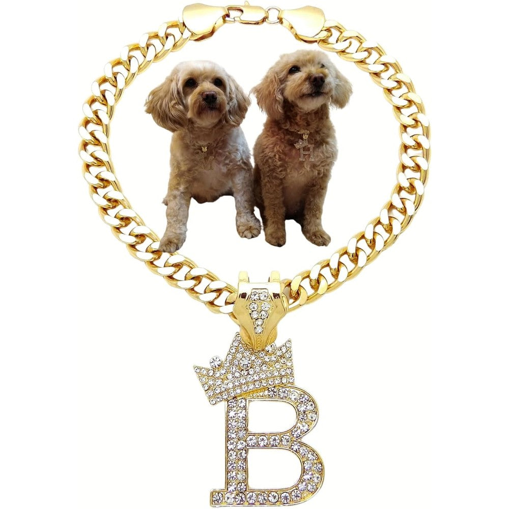 BA UNIQUE FASHION Cuban Letter Initial Dog Chain Necklace Pet Cat Puppy Collar In 14K Gold Plated Alloy B Variant 10 Inch