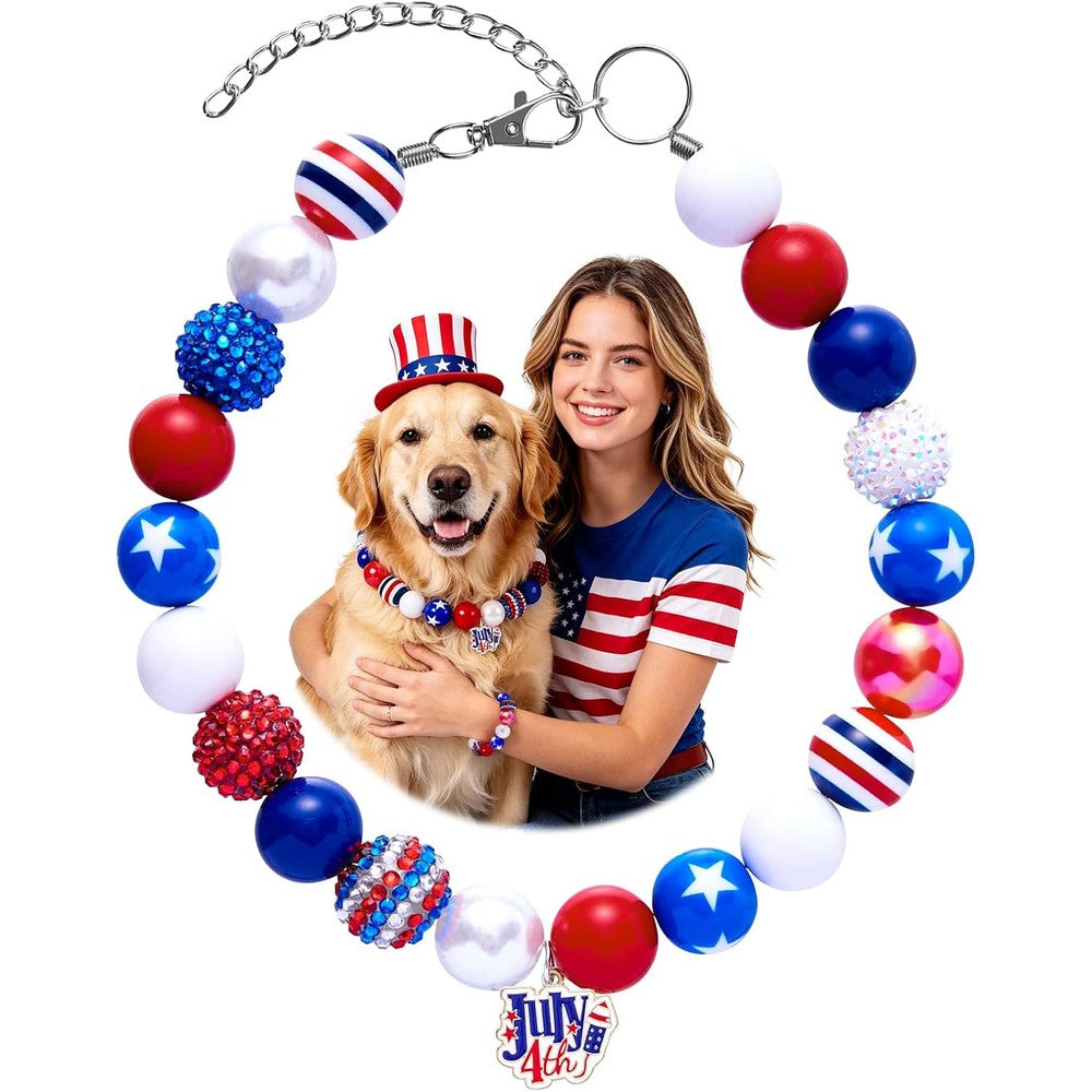 Evoonlyn 4th Of July Dog Beaded Necklace With Interchangeable Charms Patriotic Red White Blue Pet Jewelry For Large Dogs Red Extra Large