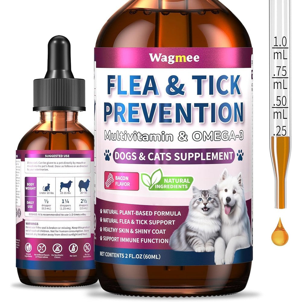 Wagmee Flea And Tick Prevention For Dogs And Cats Natural Oral Support Drops With Multivitamin Omega Three And Biotin Bacon Flavor All Breeds