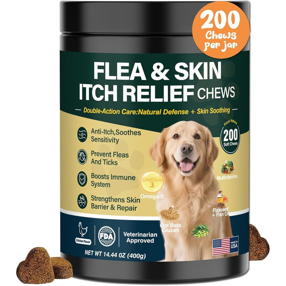 Klomkmcl Dog Flea And Tick Prevention Allergy Chews Omega 3 Skin And Coat Supplement With Immune Support And Yeast Relief 200 Count