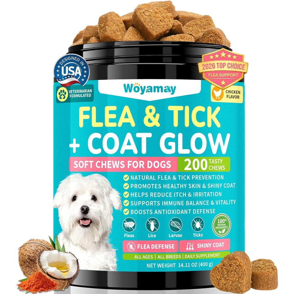 Woyamay Dog Flea And Tick Prevention Soft Chews For Skin Wellness And Coat Glow Daily Supplement Reduces Itch Chicken Flavor Two Hundred Count