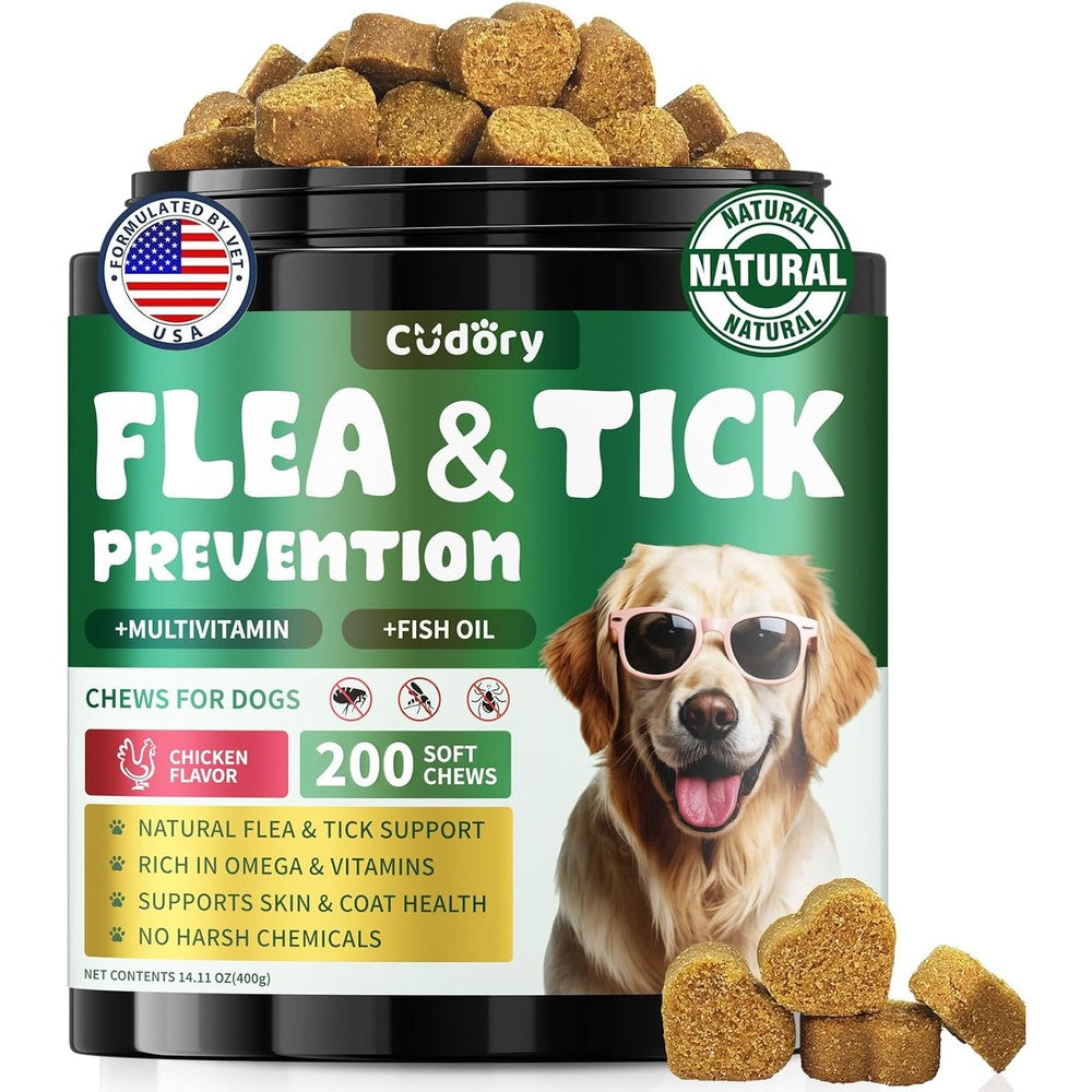 Cudory Flea And Tick Prevention For Dogs 200 Natural Soft Chewables With Vitamins And Fish Oil Chicken Flavor