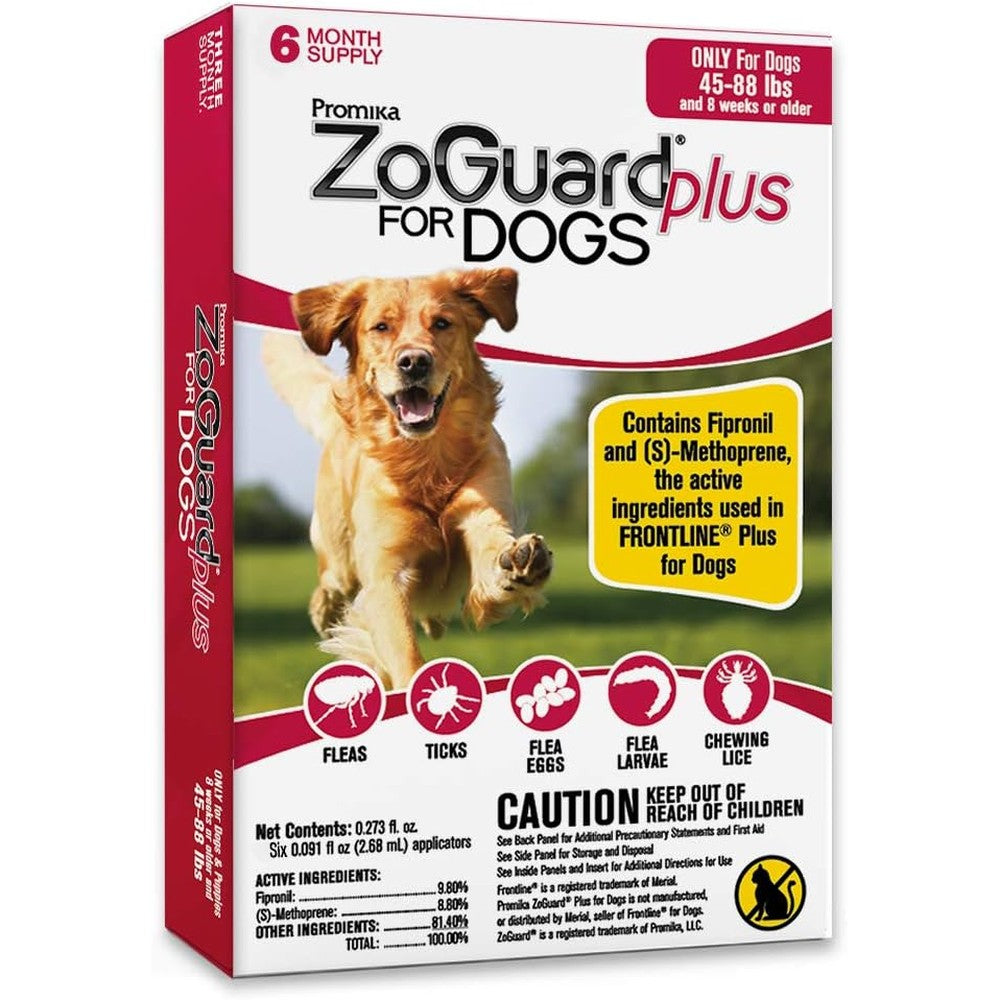 ZoGuard Plus Flea And Tick Prevention For Large Dogs Forty Five To Eighty Eight Pounds Six Month Supply Six Applicators