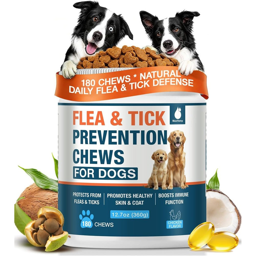 MaxHemp Natural Flea And Tick Prevention For Dogs Chewables 180 Soft Chews Skin And Coat Support Supplement Chicken Flavor