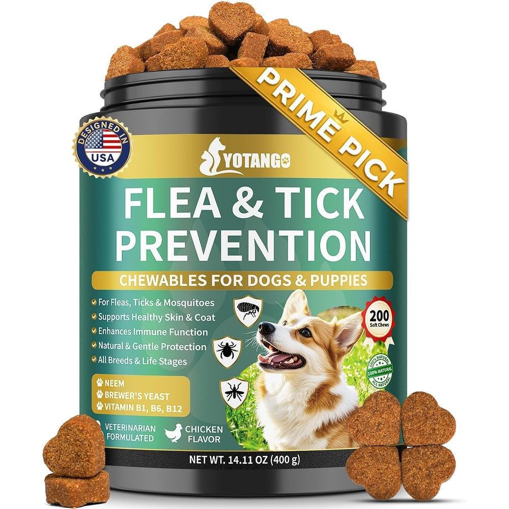 YOTANGO Flea And Tick Prevention For Dogs And Puppies Chicken Flavor Natural Supplement Chewable Soft Treats Skin And Coat Support Two Hundred Count
