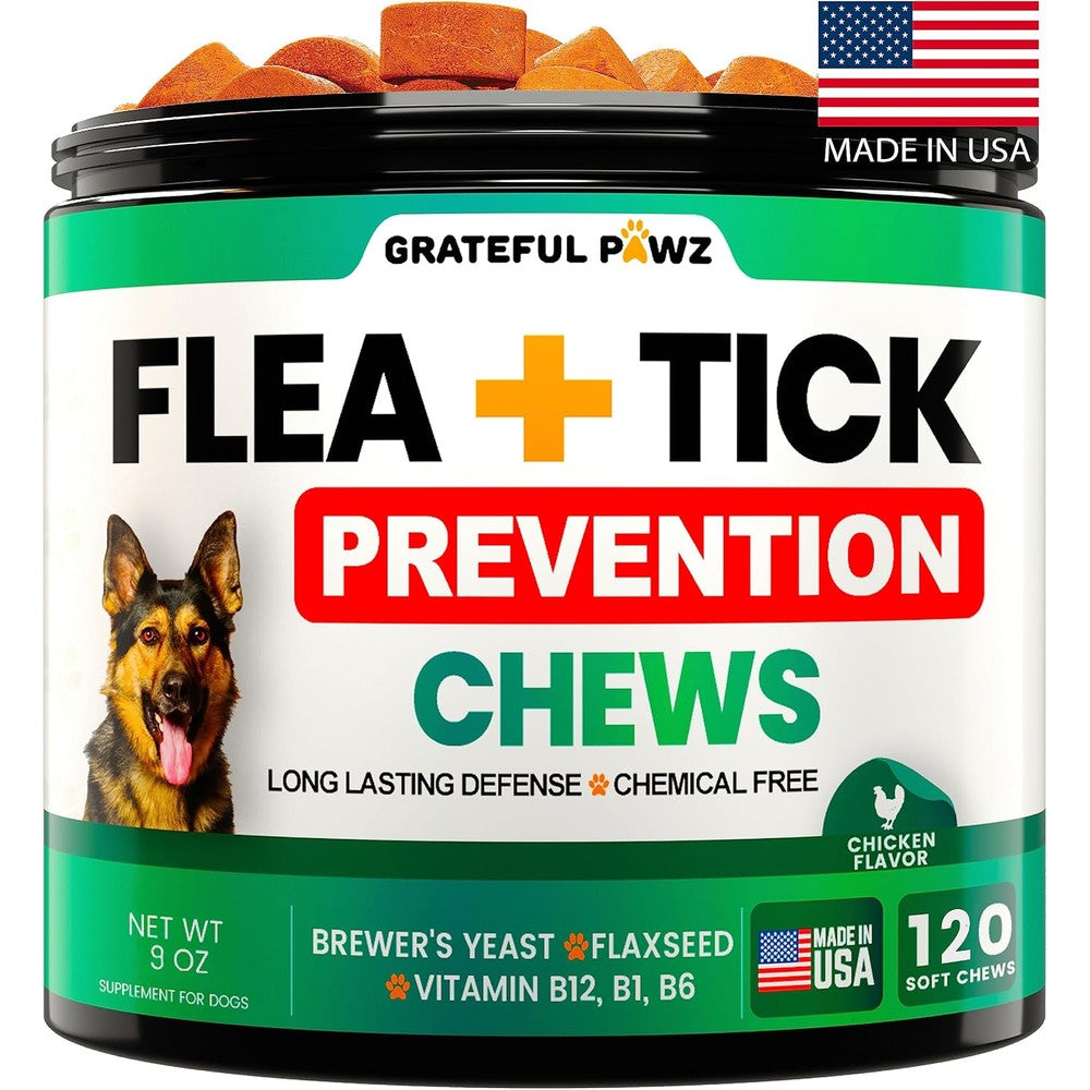 DuoXingTang Grateful Pawz Flea And Tick Prevention For Dogs Chewables Natural Supplement Oral Pest Defense For All Breeds 120 Soft Tablets