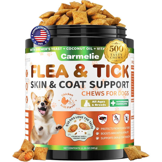 Supa Paws Flea And Tick Prevention For Dogs Chewables Five Hundred Count Dog Flea And Tick Treatment With Multivitamins Chicken And Krill Flavor