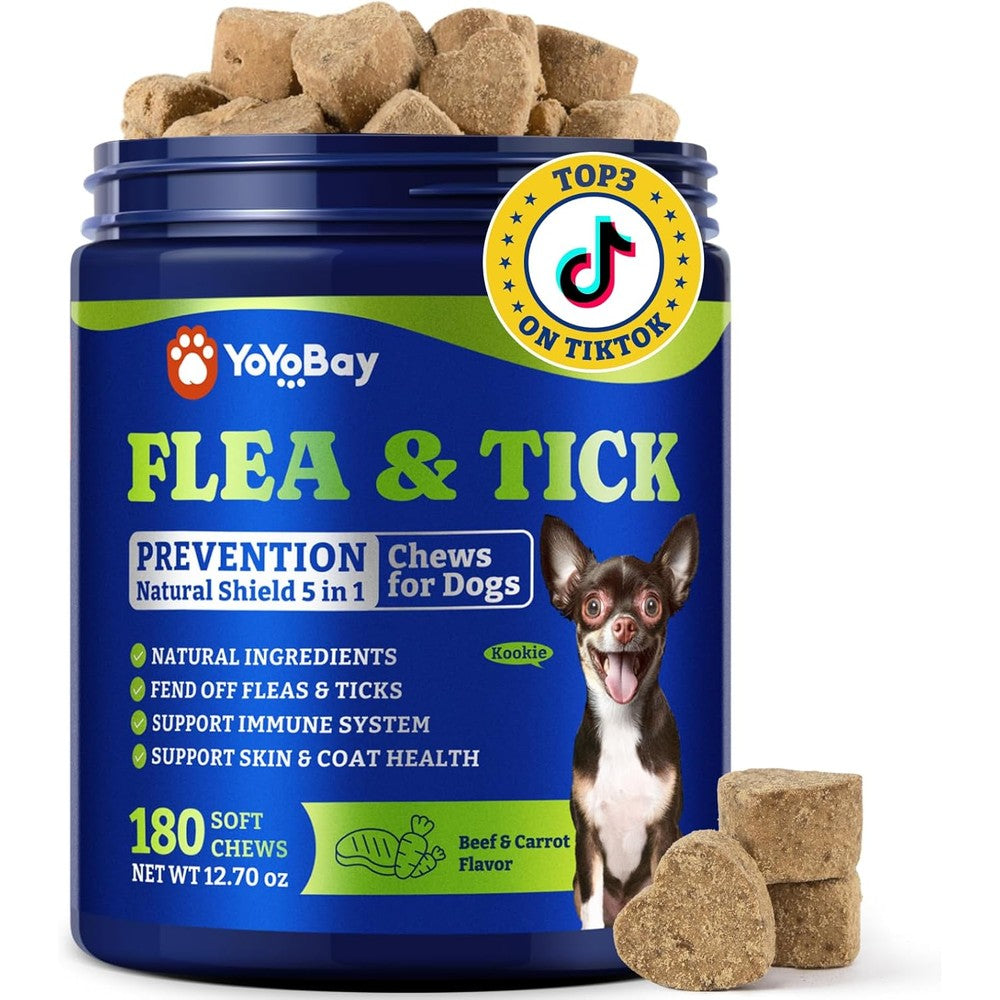 YoYoBay Flea and Tick Prevention for Dogs Chewables Natural Shield Five in One Pest Control Supplement Beef and Carrot Flavor 180 Soft Chews